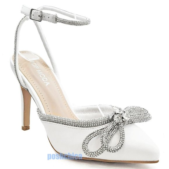 New White Rhinestone Bow Ankle Strap Pointed Toe Heels Pumps - Picture 2 of 5